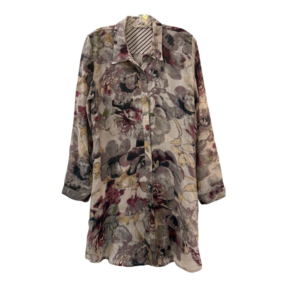 Soft Surroundings Womens Floral Earthy Color Semi-Sheer Shirt Dress Size Large